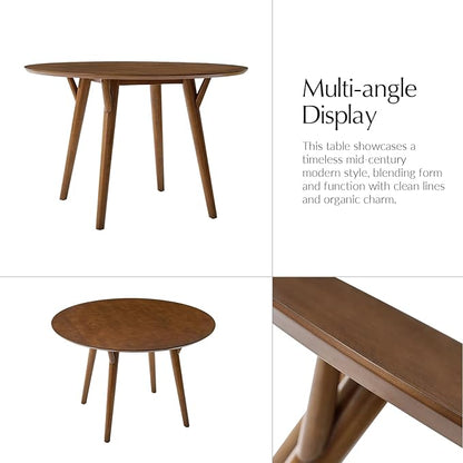 HULALA HOME Round Dining Table for 4, 45” Solid Wood Ktichen Table, Small Dinner Coffee Writing Table for Kitchen Dining Room, Save Space, Walnut