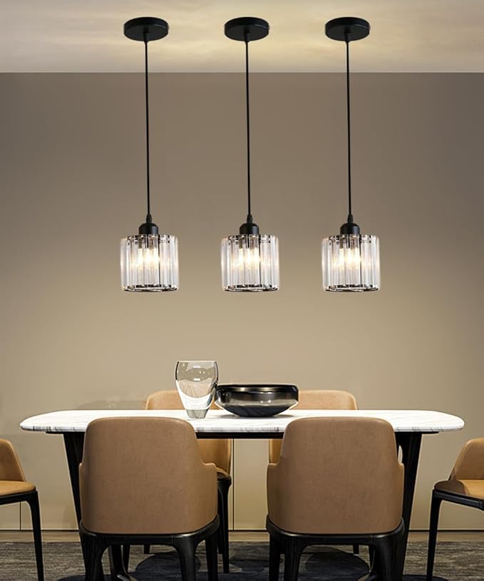 Crystal Pendant Lights Black 1 Light Cluster Ceiling,Modern Hanging Light Fixture for Kitchen Island,Adjustable Round Chandelier for Farmhouse,Dining Room,Foyer,Living Room with LED Bulb