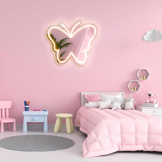 Butterfly Mirror Neon Sign Dimmable USB LED Neon Lights for Ideal Home Decor for Bedroom, Kidsroom, Living Room Parties, Christmas Birthdays Gifts for Girls Women, Boho Mirror Wall Sign Art Gift-White