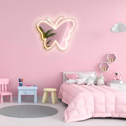 Butterfly Mirror Neon Sign Dimmable USB LED Neon Lights for Ideal Home Decor for Bedroom, Kidsroom, Living Room Parties, Christmas Birthdays Gifts for Girls Women, Boho Mirror Wall Sign Art Gift-White