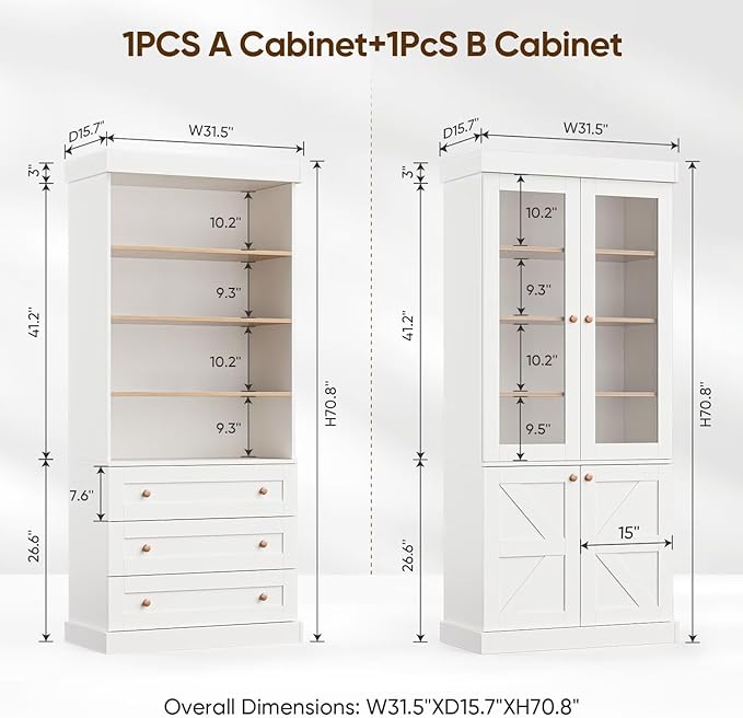 Vyre 71" Tall Farmhouse Bookshelves with Glass Doors and Drawers, Set of 4 – Large Modular Bookcase with Adjustable Shelves, Storage Cabinet for Living Room, Kitchen, White