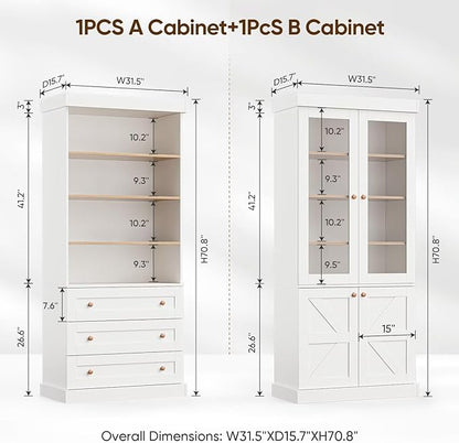 Vyre 71" Tall Farmhouse Bookshelves with Glass Doors and Drawers, Set of 4 – Large Modular Bookcase with Adjustable Shelves, Storage Cabinet for Living Room, Kitchen, White