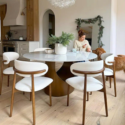 POVISON Round Dining Table, 47" Matte White Sintered Stone Top Dining Table with Bronze Carbon Steel Pedestal, Modern Dining Room Table for Kitchen, Living Room (Table Only)