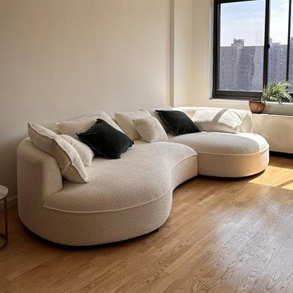 WILLIAMSPACE 124.8" Modern Curved Sofa Couch, Upholstery Boucle Sofa with Pillows, Right Hand Facing Sectional Boucle Fabric Couch for Living Room (Right-Facing,Light Cream)