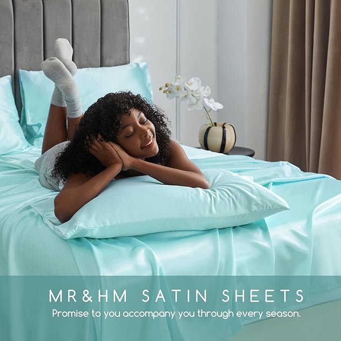 MR&HM Satin Bed Sheets, King Size Sheets Set, 4 Pcs Silky Bedding Set with 15 Inches Deep Pocket for Mattress (King, Turquoise)