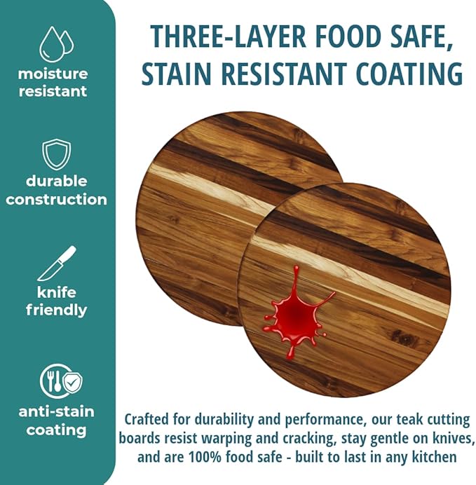 EcoDecors 16" Round Teak Cutting Board, FSC Certified Solid Wood, Edge Grain, XL Carving Board for Kitchen & Brisket