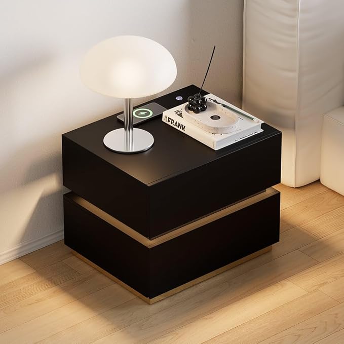 homary Smart Night Stand with Wireless Charging Station - Smart LED Nightstand with 2 Drawers, Black Bedside Table for Bedroom Living Room