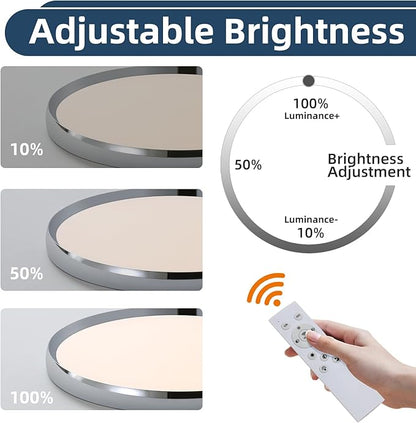Modern Bathroom LED Ceiling Light, 19inch Chrome Round Flush Mount Ceiling Light, Dimmable 3000K-6000K, 40W, Ultra-Thin Minimalist Office Lighting for Living Room, Bedroom, Kitchen, Hallway