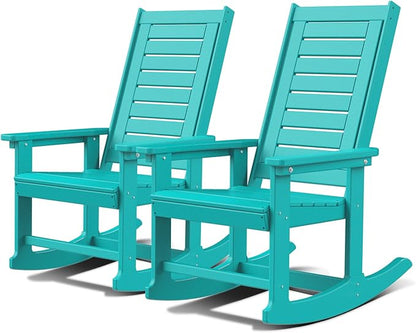 GREENVINES Outdoor Rocking Chairs | Set of 2 | Porch Rocker | HDPE Plastic | Aqua | Oversized Rockers | High Back | Big & Tall | Ladder Back | for Patio Outside Backyard Balcony Garden