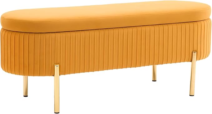 Velvet Storage Bench for Bedroom Upholstered End of Bed Bench Modern Ottoman with Gold Legs for Living Room/WindowEntryway (Mustard Yellow, Oval-45.5" W)
