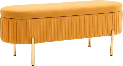 Velvet Storage Bench for Bedroom Upholstered End of Bed Bench Modern Ottoman with Gold Legs for Living Room/WindowEntryway (Mustard Yellow, Oval-45.5" W)