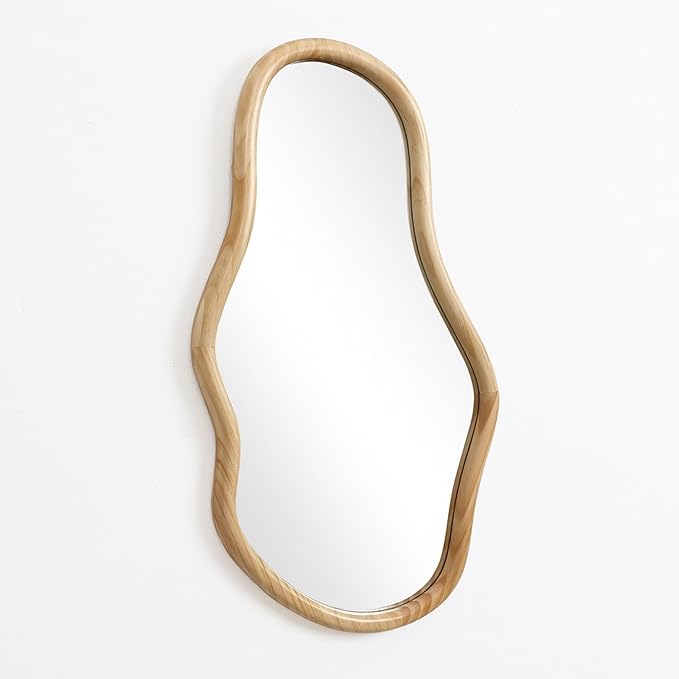 LuxenHome Asymmetrical Natural Wall Mirror for Bathroom, Large Irregular Oval Modern Decorative Vanity Mirror with Solid Wood Frame, Wall Mounted Hanging Sculptures for Living Room Bedroom Entryway