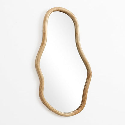 LuxenHome Asymmetrical Natural Wall Mirror for Bathroom, Large Irregular Oval Modern Decorative Vanity Mirror with Solid Wood Frame, Wall Mounted Hanging Sculptures for Living Room Bedroom Entryway