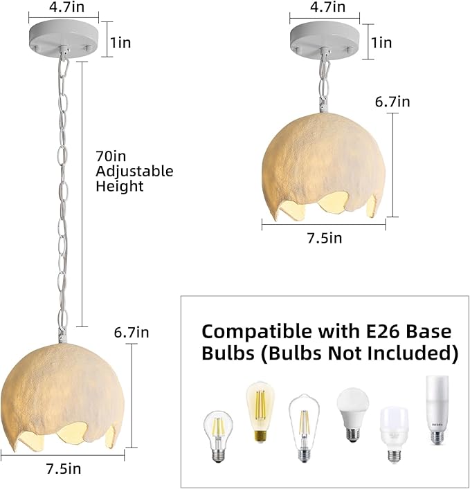 Wabi Sabi Pendant Lights, 7.5in White Modern Pendant Light Resin Hanging Lamp Kitchen Island Lighting Modern Japandi Chandelier for Dining Room Bedroom Hallway Restaurant Foyer