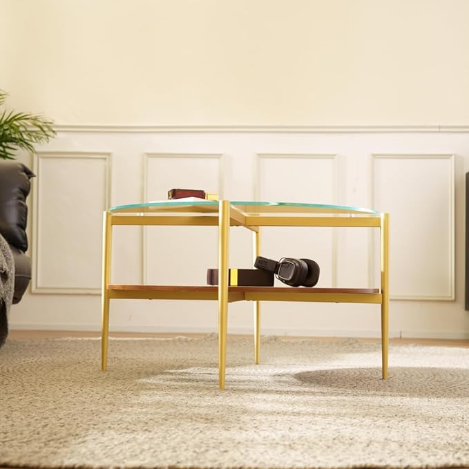 Saint Mossi BLEVIO Glass Round Coffee Table, Middle-Century Modern Style, Perfect for Living Room, Clear Glass Top & Walnut Brown MDF Wood Top, with Gold Finish Legs & Frame