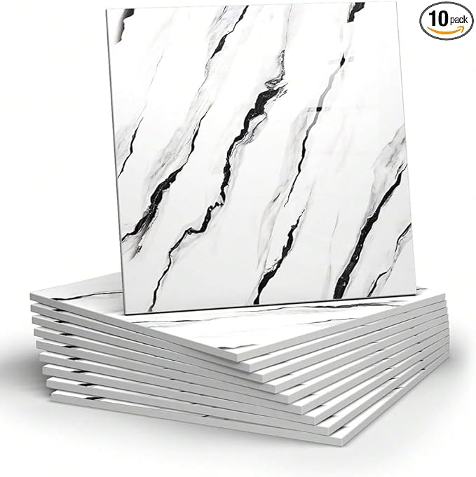 10pcs Marble Peel and Stick Backsplash Waterproof Washroom Wall Panels, Peel and Stick Tile, PVC Foam Wall Panels for Kitchen,Bathroom,living room,White and Black(Not Real Tile,11.8" x 11.8")