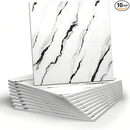 10pcs Marble Peel and Stick Backsplash Waterproof Washroom Wall Panels, Peel and Stick Tile, PVC Foam Wall Panels for Kitchen,Bathroom,living room,White and Black(Not Real Tile,11.8" x 11.8")