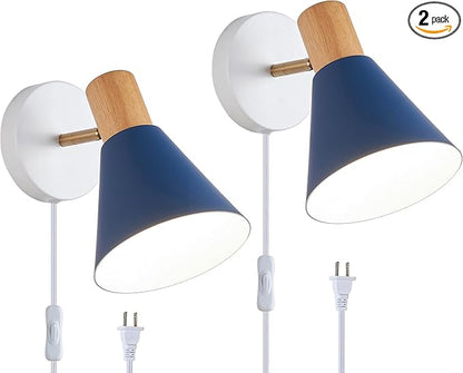 Plug in Wall Sconces Lighting Fixture Pack of 2, Wooden Adjustable Bedside Wall Lamp for Industrial Bedroom, Bathroom Sink Lighting (Plug-in Blue, 2)
