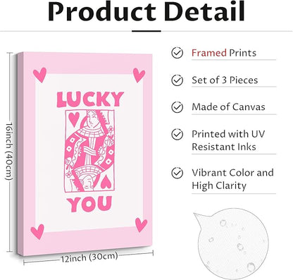 Lucky You Pink Wall Art Guest Check Preppy Wall Decor Trendy Aesthetic Canvas Wall Art Funky Retro Poster Hearts Cute Picture Prints Inspirational Artwork for Room Bedroom 12x16 Inch Framed Set of 3