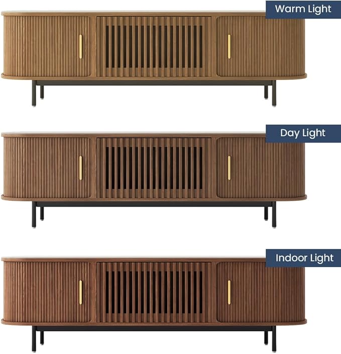 POVISON Sliding Tambour Door TV Stand, Mid Century Modern Sintered Stone TV Console, Wood Media Console for 70 Inch TV, Entertainment Center with Storage Cabinet, Fully-Assembled (Walnut, 70.87")