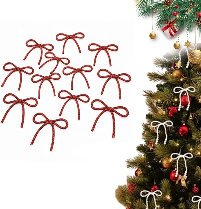 Christmas Bows Ornaments, Champagne Gold Glitter Rhinestone Bow Ornaments with Twist Ties, Sparkly Christmas Tree Bow Topper Decorations for Wreaths, Garland, Gift Wrapping (Red)