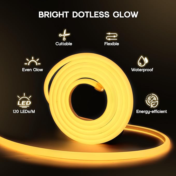 LED Neon Lights Warm White 3000K,98.4ft 110-120V LED Strip Lights,Flexible Outdoor Waterproof Neon Rope Lights for Bedroom,Cabinet,Kitchen,Living Room,Mirror,Halloween Decor
