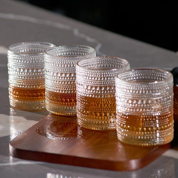 LEMONSODA Hobnail Drinking Glasses Set of 4 – Vintage Clear Lowball Glass Cups 10oz – Textured Barware Aesthetic Retro Glassware Tumblers for Water, Cocktails, Whiskey, Juice (Lowball 10oz, Set of 4)