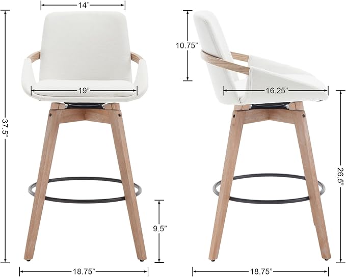 Mid-Century Swivel Bar Stools Set of 2, 26.5 inch Counter Height Barstools Linen Fabric Bar Chairs with Wooden Frame for Kitchen Island Dining Room, White