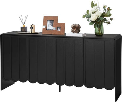 ORRD Sideboard Buffet Cabinet, Accent Storage Cabinets with 4 Doors, Farmhouse Wood Cabinet with Adjustable Shelves and Wave Panel for Living Room, Dining Room, Entry - Black