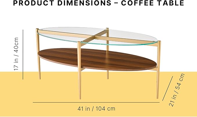 AGV LIGHTING Oval Coffee Table, Mid-Century Modern Coffee Table, Glass Coffee Table, Glod Finish Legs, Thick Tempered Clear Glass Top with Walnut MDF Shelf