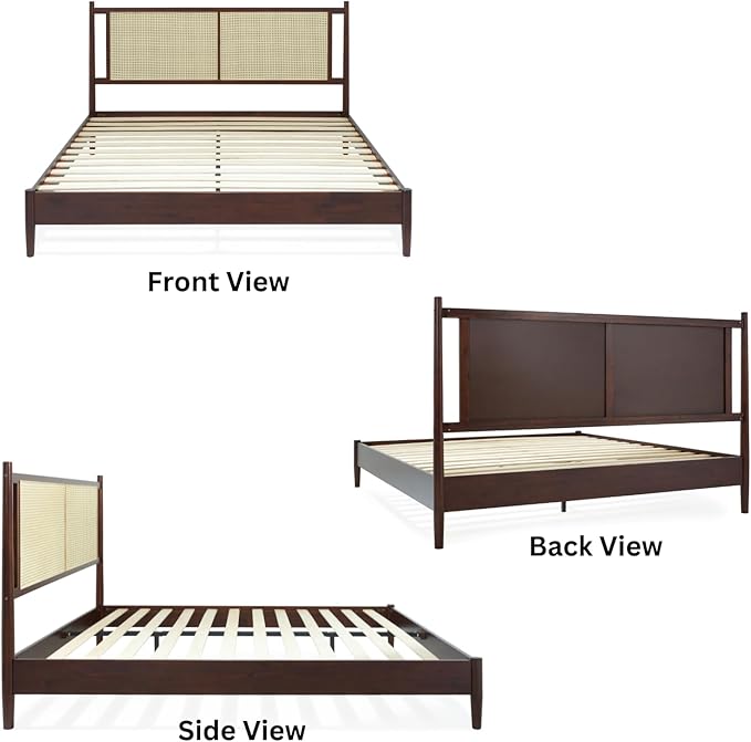 Bme Oliver King Bed Frame and Headboard - 15-Inch Signature Design with Rattan Headboard, Bohemian and Mid Century Style, 12-Slat Wood Support, No Box Spring Needed - Easy Assembly, Walnut