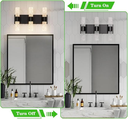 Modern Vanity Light, 6-Light Black LED Vanity Light Fixture, Crystal Bathroom Lighting Fixtures Over Mirror, Wall Lighting Fixtures for Bath, Wall Sconce for Bedroom Living Room, 27W 3000K Warm White