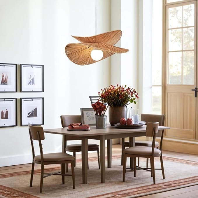 Natural Abaca Woven Pendant Light, Hand-Made Weaved Ceiling Light with Organic Weaved Leaf Finish, 20 Inch Diam Hanging Pendant Light for Bedroom, Living Room, Dining Room