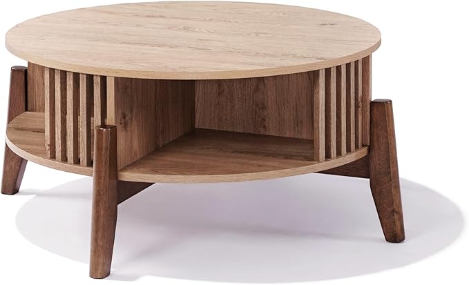 LuxenHome Round Coffee Table with Storage, 31.5" Oak Finish Wood Accent Tables with Wood Legs, Boho Center Table for Living Room, Wooden Circle Coffee Table with Open Storage for Home Office