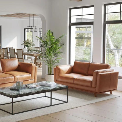 Valencia Artisan Full Leather Sofa 88” Pure Italian Nappa Leather Couch with Solid Wood Accent Ultimate Comfort, Cognac Tan