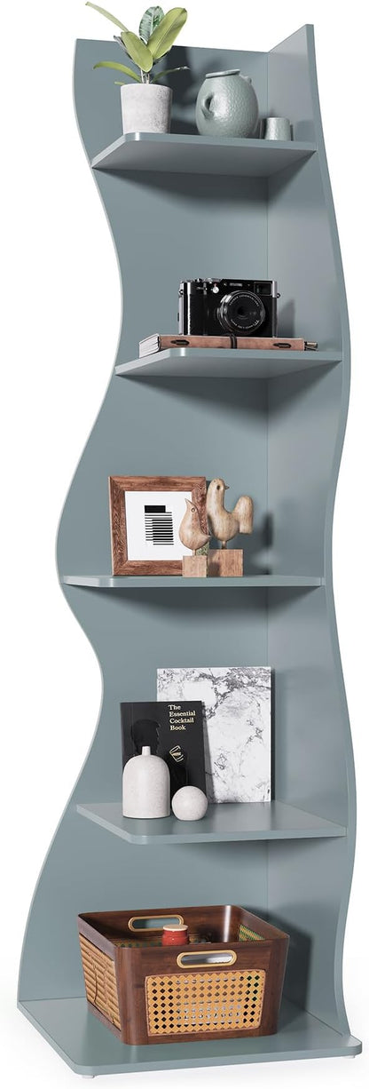 LITTLE TREE Small Corner Shelf, Modern 5-Tier Wall Corner Bookshelf, Stylish Bookcase Storage Rack for Small Space, Living Room, Bedroom, Blue, 1 Pack