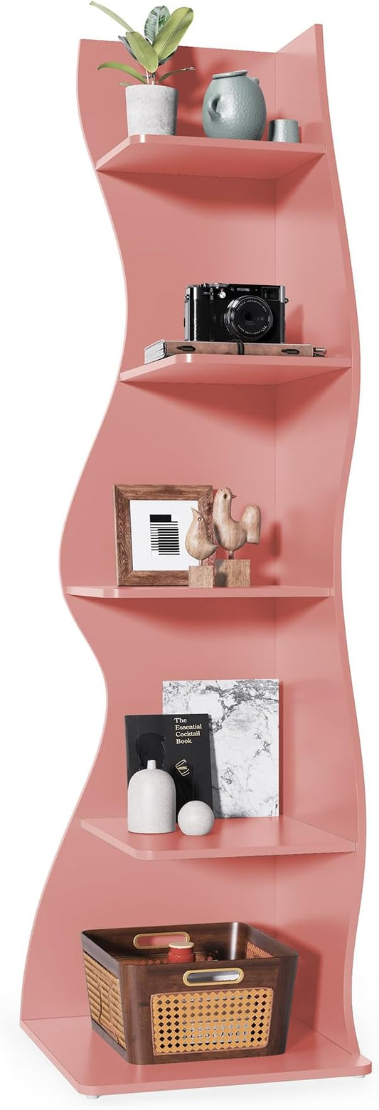 LITTLE TREE Small Corner Shelf, Modern 5-Tier Wall Corner Bookshelf, Stylish Bookcase Storage Rack for Small Space, Living Room, Bedroom, Pink, 1 Pack