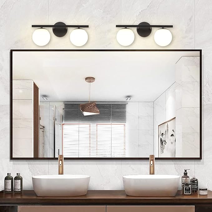 New Bathroom 2 Vanity Light Fixtures Brushed Black Milk White Globe Glass Shade Modern Wall Bar Sconce Over Mirror