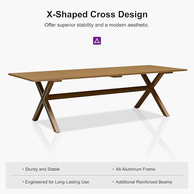 PURPLE LEAF 11 Pieces Patio Dining Table Set Wicker Outdoor Furniture Rectangular Table and Chairs Set for Garden Deck Teak-Finish Aluminum Frame Backyard Kitchen Set, Cushions and Pillows Included