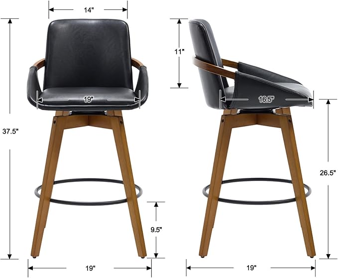 Mid-Century Swivel Bar Stools Set of 6, 26.5 inch Counter Height Barstools PU Leather Bar Chairs with Wooden Frame for Kitchen Island Dining Room, Black