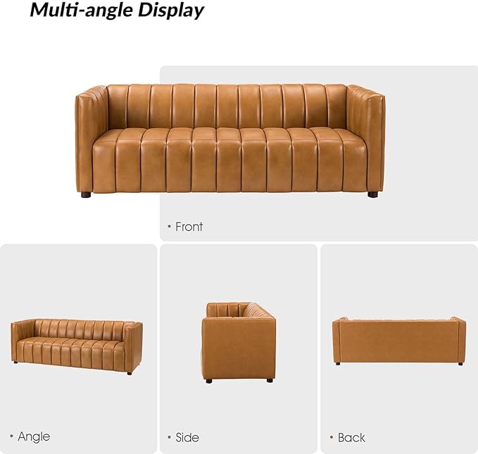 HULALA HOME 83" Genuine Leather Sofa with Channel Tufted Design, 3-Seater Sofa for Living Room Bedroom, Modern Oversized Couch with Wood Legs, Camel
