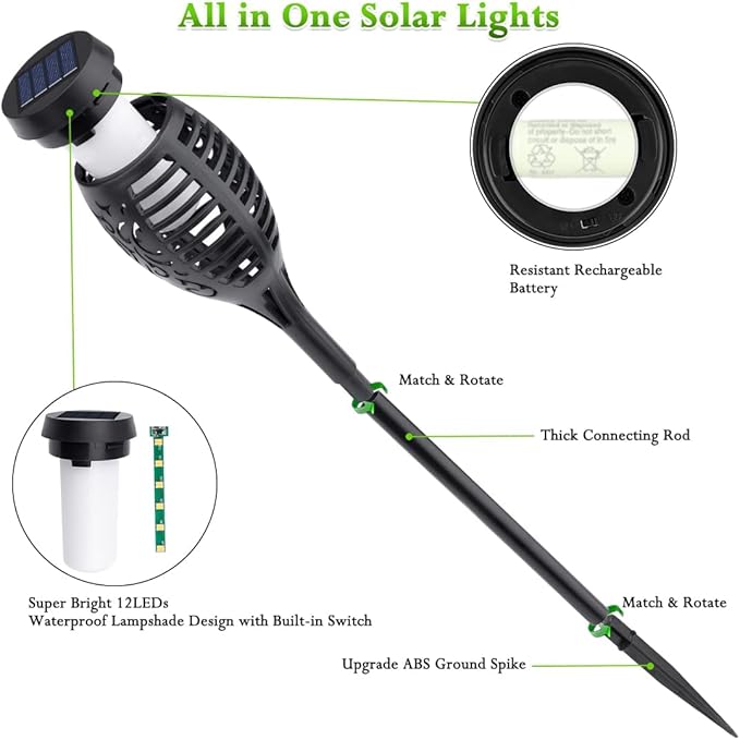 Outdoor Solar Lights, 6Pack Solar Torch Light with Flickering Flame, Christmas Lights Waterproof for Christmas Decor, Tiki Torches for Outside, Luces Solares para Exteriores Pathway Yard Garden Decor