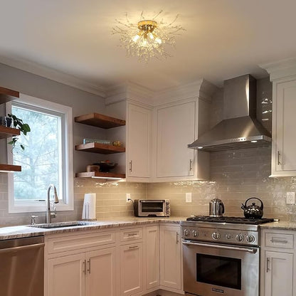 HMVPL Gold Crystal Flush Mount Ceiling Light, 4-Light Brass Mini Chandelier Light Fixture,Modern Sputnik Ceiling Light,Golden Light Fixture for Hallway Kitchen Foyer Nursery Closet Bedroom Dining Room