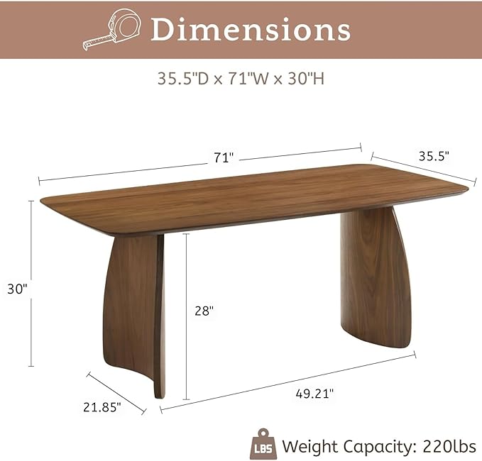 LukeAlon Modern Wooden Dining Table for 6 to 8 People, 71" Large Kitchen Dining Table with Wood Pedestal Base Mid Century Walnut Rectangular Long Dinner Table for Home Dining Room Restaurant, Brown