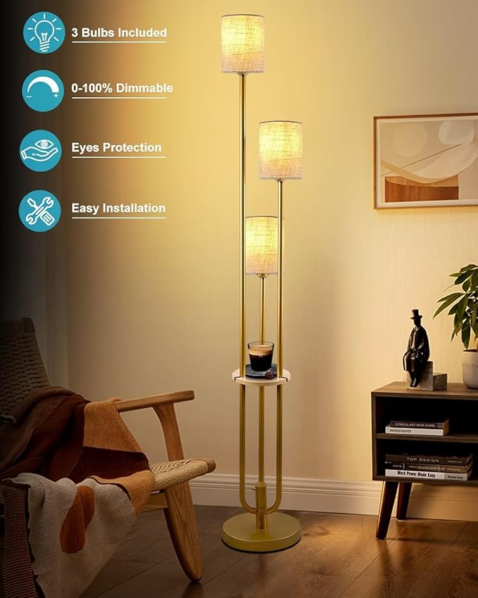 Gold Floor Lamp Dimmable 64IN Tall Standing Lamps with Soft Warm White Eye Care 3000K G9 Bulbs, Mid Century Modern Floor Lamp for Livng Room Bedroom