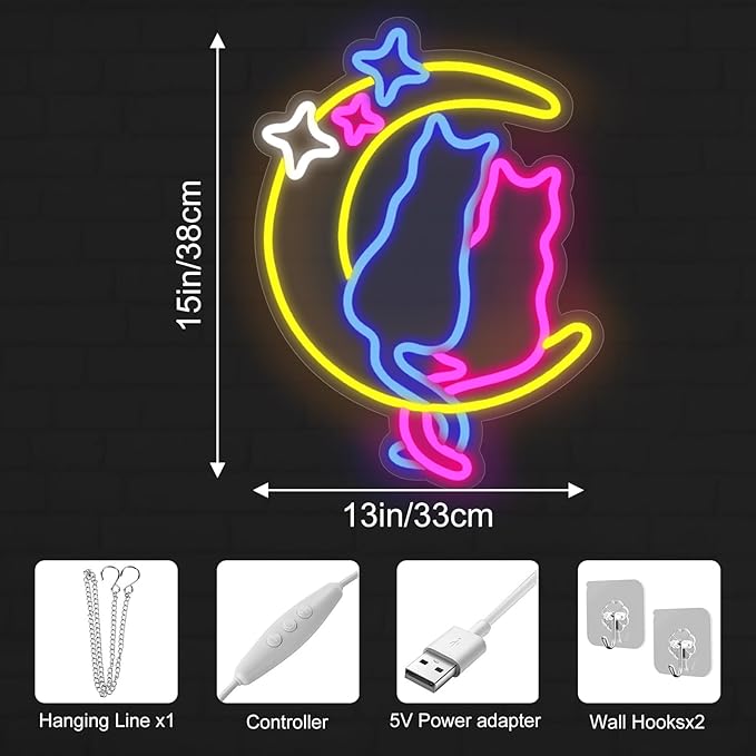 Moon Cat Neon Signs for Wall Decor Neon Lights for Bedroom Led Signs for Man Cave Bar Pub Kids Room Restaurant Christmas Birthday Party Pet Shop Gifts Led Art Wall Decorations