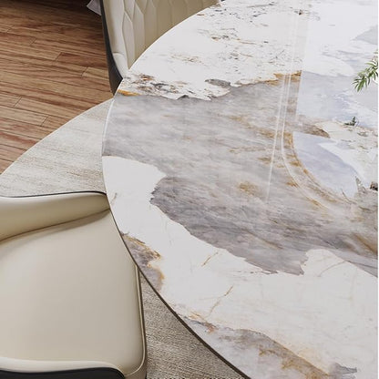 POVISON Round Glossy Pandora Dining Table for 4-6, 47" Sintered Stone Tabletop Dining Table with Gray Carbon Steel Pedestal (Table Only)