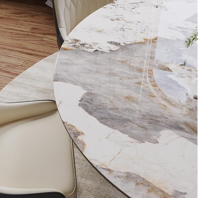 POVISON Round Glossy Pandora Dining Table for 4, 51" Sintered Stone Tabletop Dining Table with Gray Carbon Steel Pedestal (Table Only)