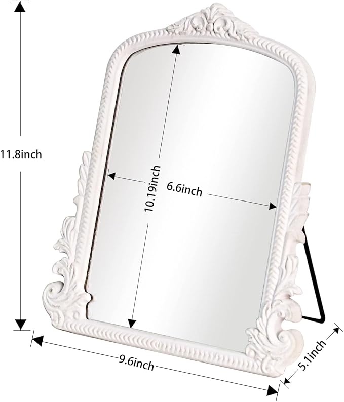11.8" x 9.6" Small White Arched Vanity Mirror, Vintage Makeup Mirror Baroque Style Arendahl Carved Mirror with Frame for Desk Decorative Table Aesthetic