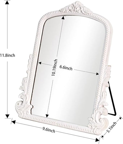 11.8" x 9.6" Small White Arched Vanity Mirror, Vintage Makeup Mirror Baroque Style Arendahl Carved Mirror with Frame for Desk Decorative Table Aesthetic